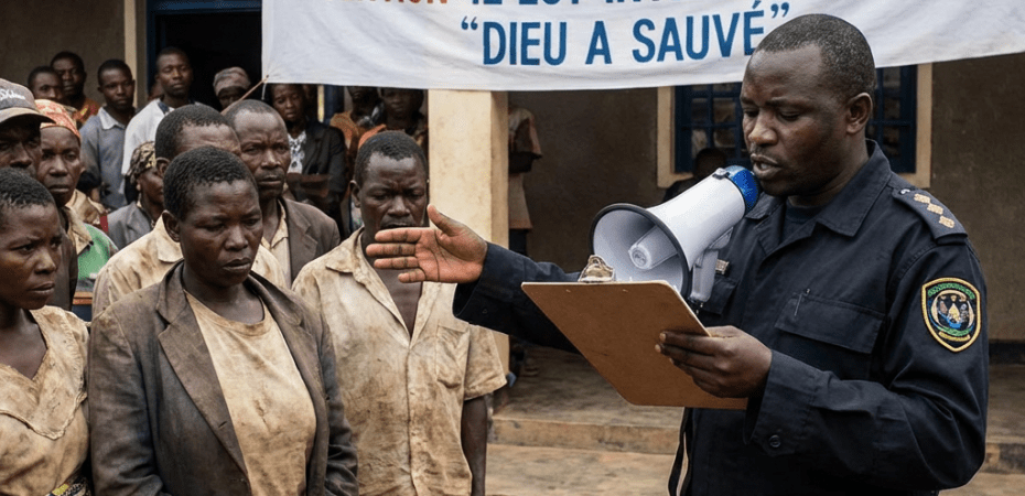 Official speaking to villagers with banner forbidding the phrase 'God saved'