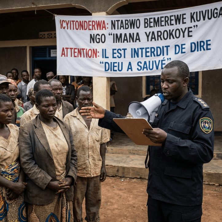 Official speaking to villagers with banner forbidding the phrase 'God saved'
